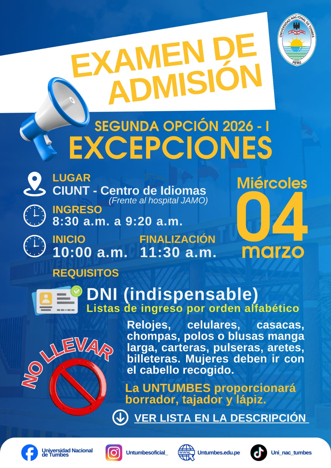EXAMEN DE ADMISIÓN DE EXCEPCIONES UNTUMBES 2026
