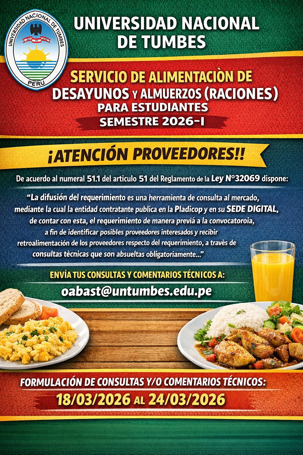 SERVICIO DE ALIMENTACIÓN DE DESAYUNOS Y ALMUERZOS (RACIONES) PARA ESTUDIANTES DE LOS SEMESTRES ACADÉMICOS 2026-I DE LA UNIVERSIDAD NACIONAL DE TUMBES