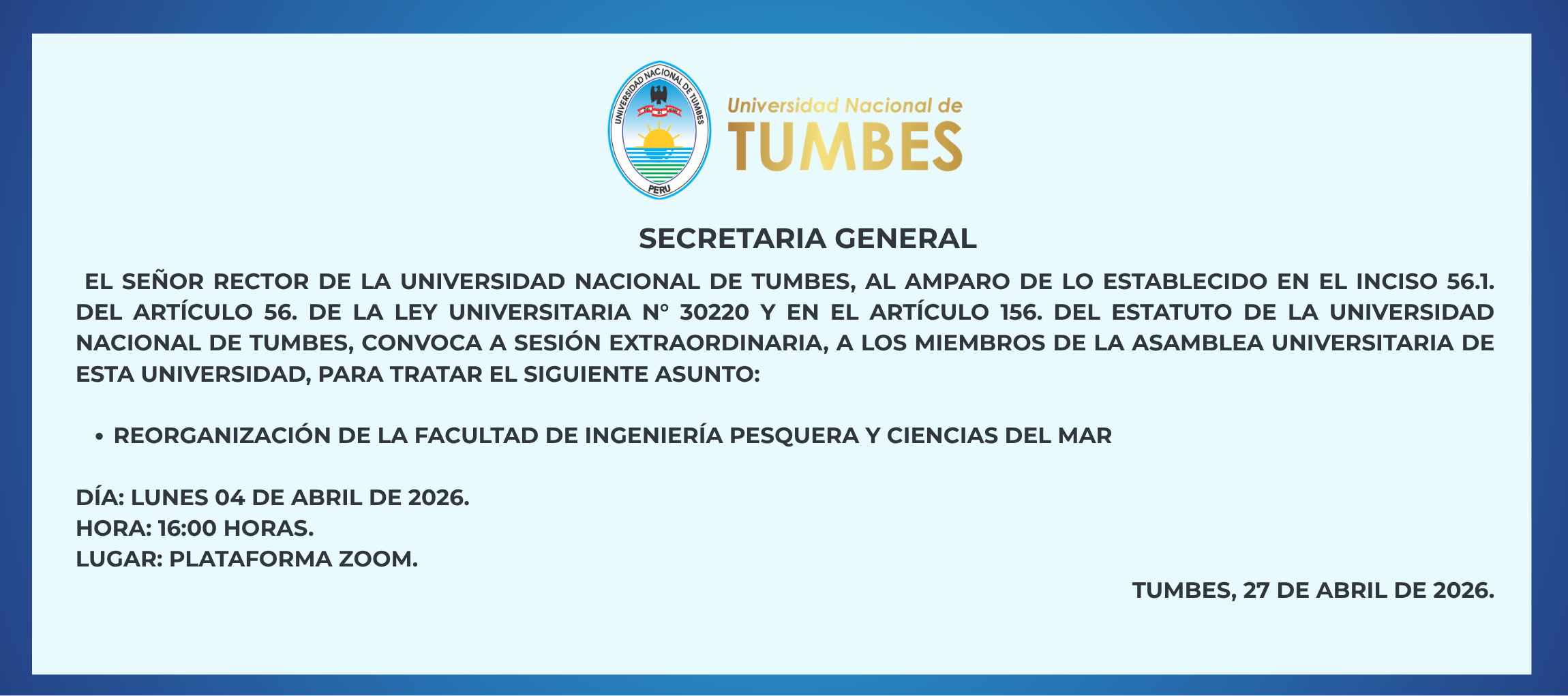 CONVOCATORIA UNIVERSIDAD NACIONAL DE TUMBES ASAMBLEA UNIVERSITARIA